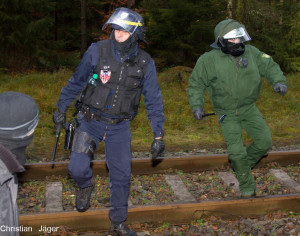 Ausländische Polizisten gemeinsam gegen Demonstranten.